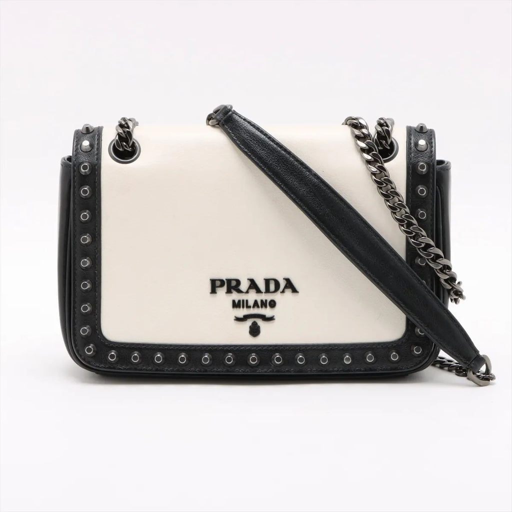 Prada Studded Chain Flap Shoulder Bag White X Black