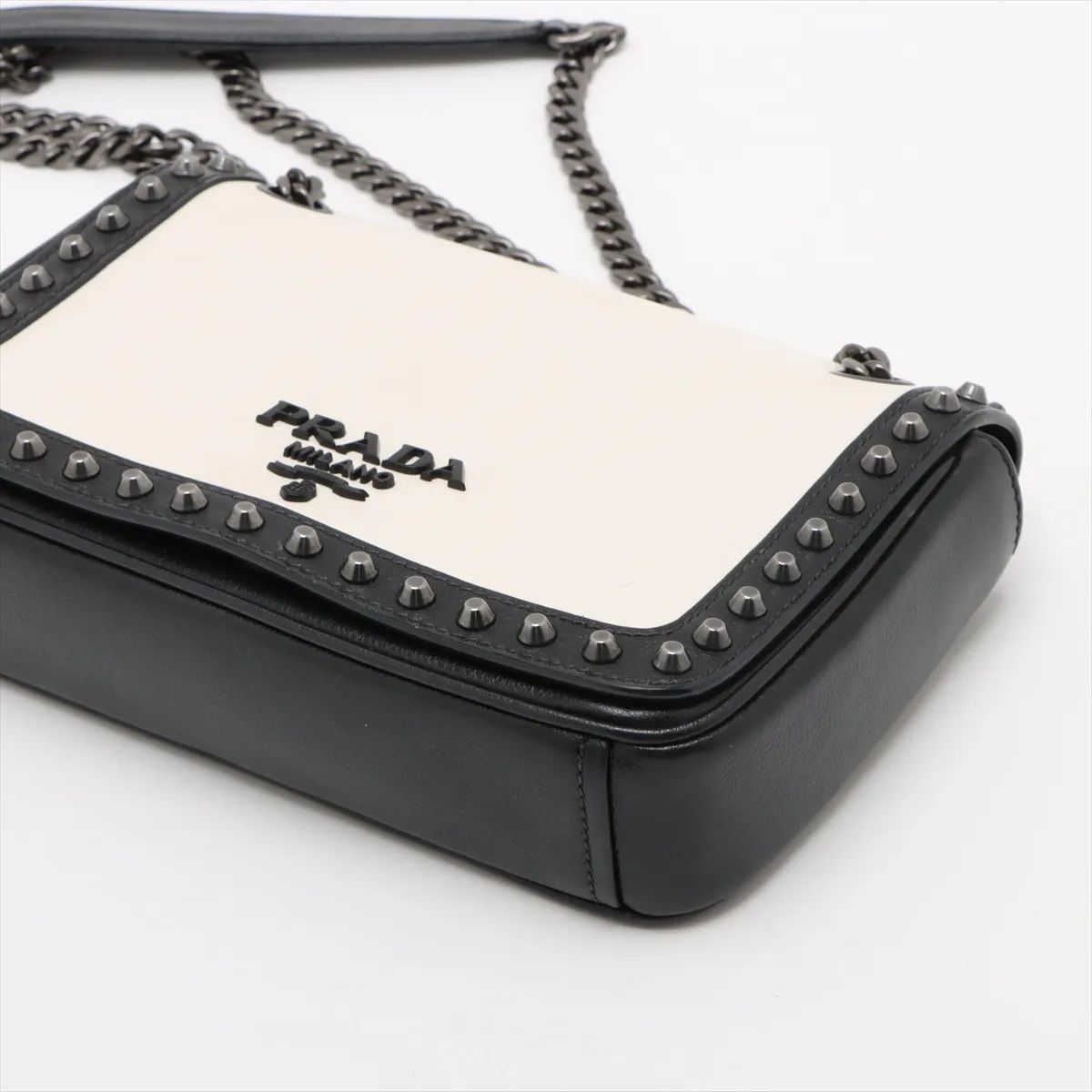 Prada Studded Chain Flap Shoulder Bag White X Black