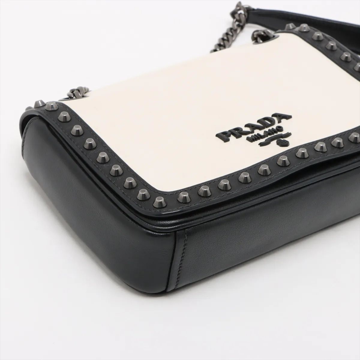 Prada Studded Chain Flap Shoulder Bag White X Black
