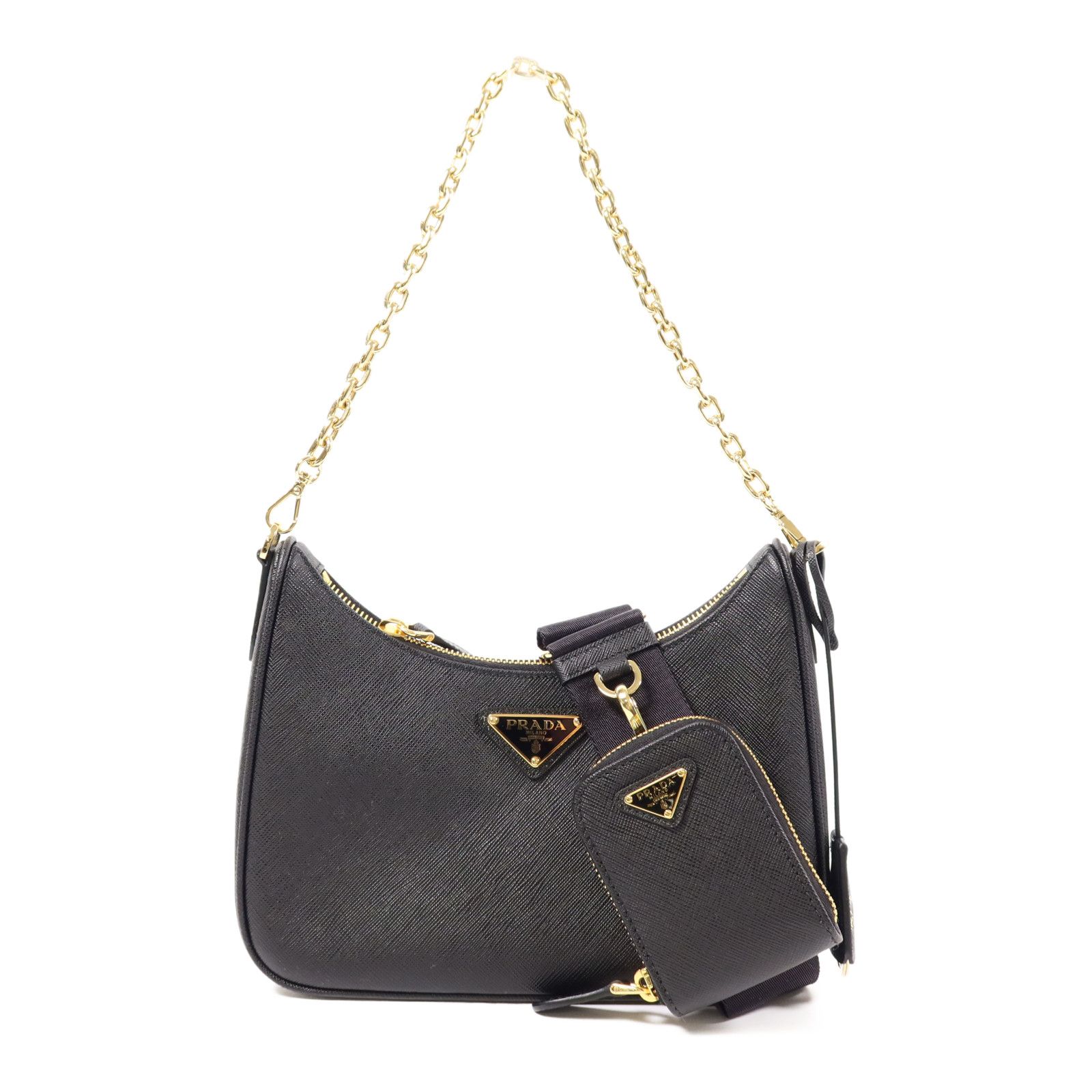 Prada Leather Re-edition 2005 Golden Shoulder Back Bag Black Saffiano