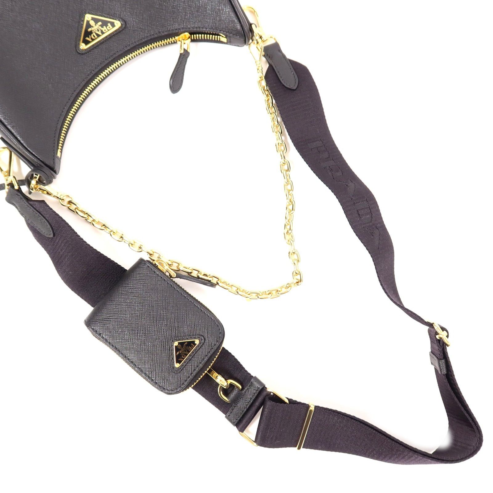 Prada Leather Re-edition 2005 Golden Shoulder Back Bag Black Saffiano