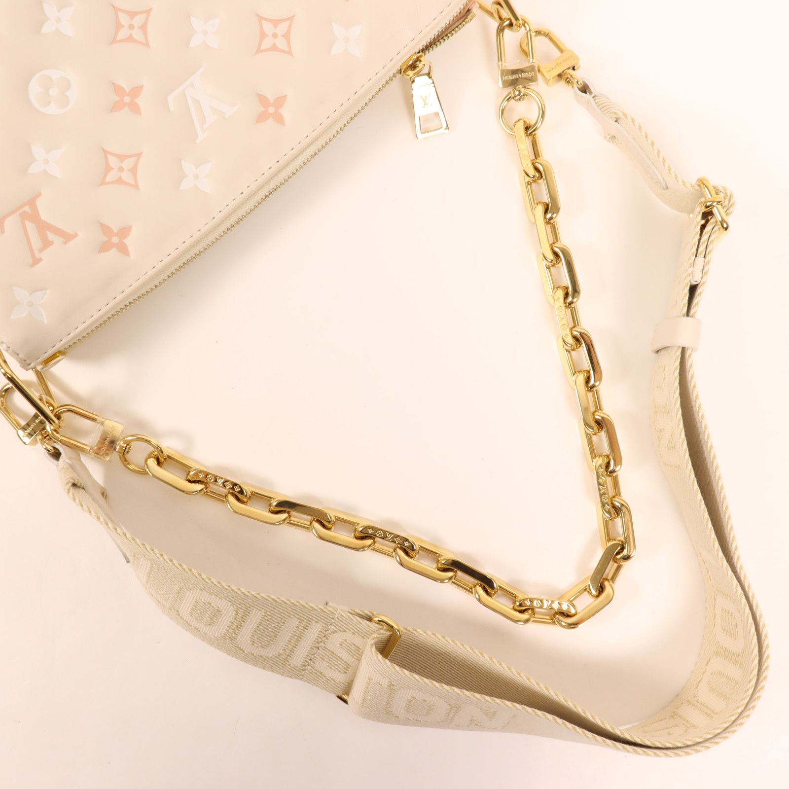 Louis Vuitton Coussin Sheepskin PM, Embossed Monogram Beige Pink Cream