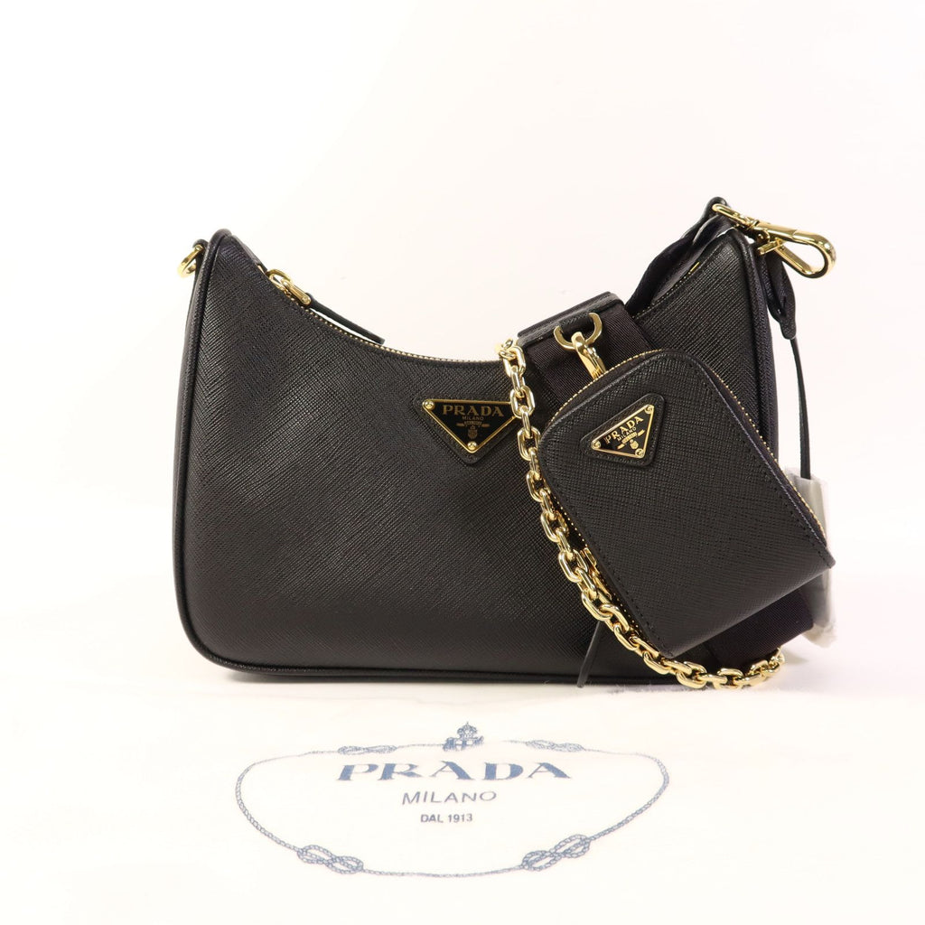 Prada Saffiano Leather Re-edition 2005 Golden Shoulder Bag Black Calfskin Condition: SA (NEW)