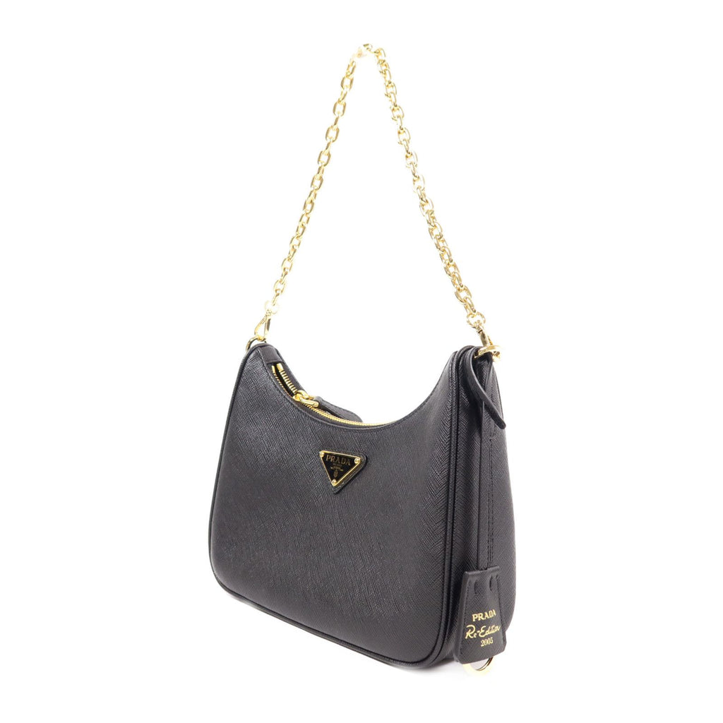 Prada Leather Re-edition 2005 Golden Shoulder Back Bag Black Saffiano