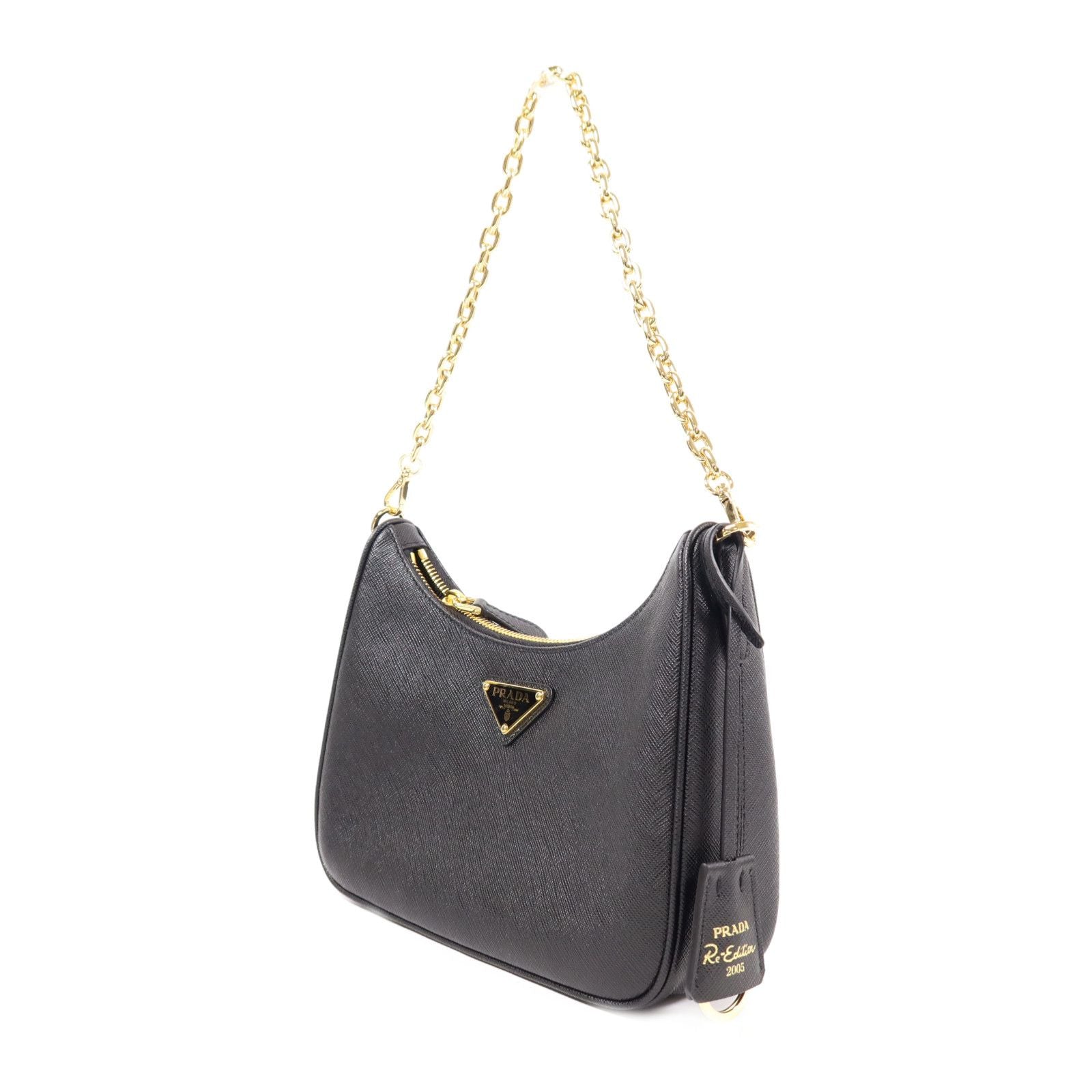 Prada Leather Re-edition 2005 Golden Shoulder Back Bag Black Saffiano