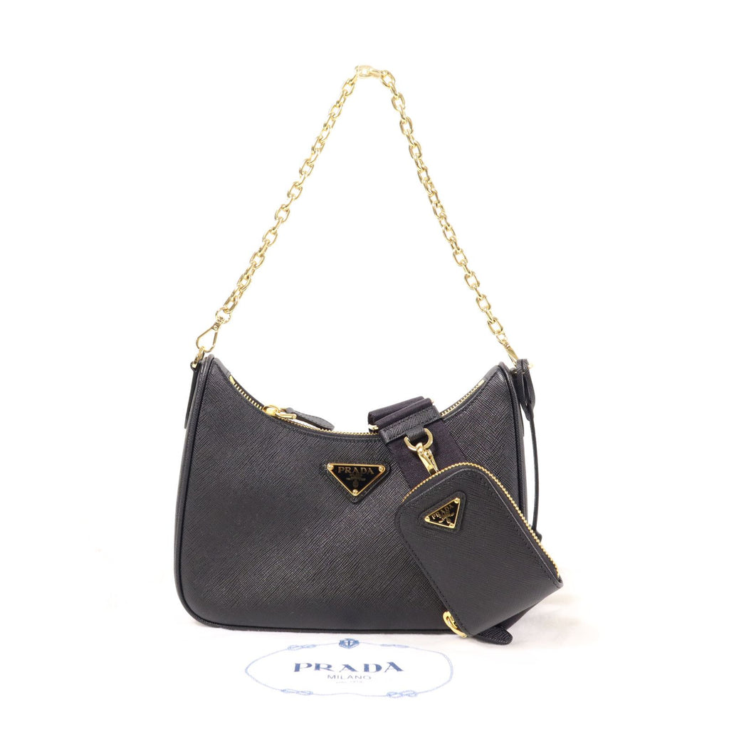 Prada Leather Re-edition 2005 Golden Shoulder Back Bag Black Saffiano