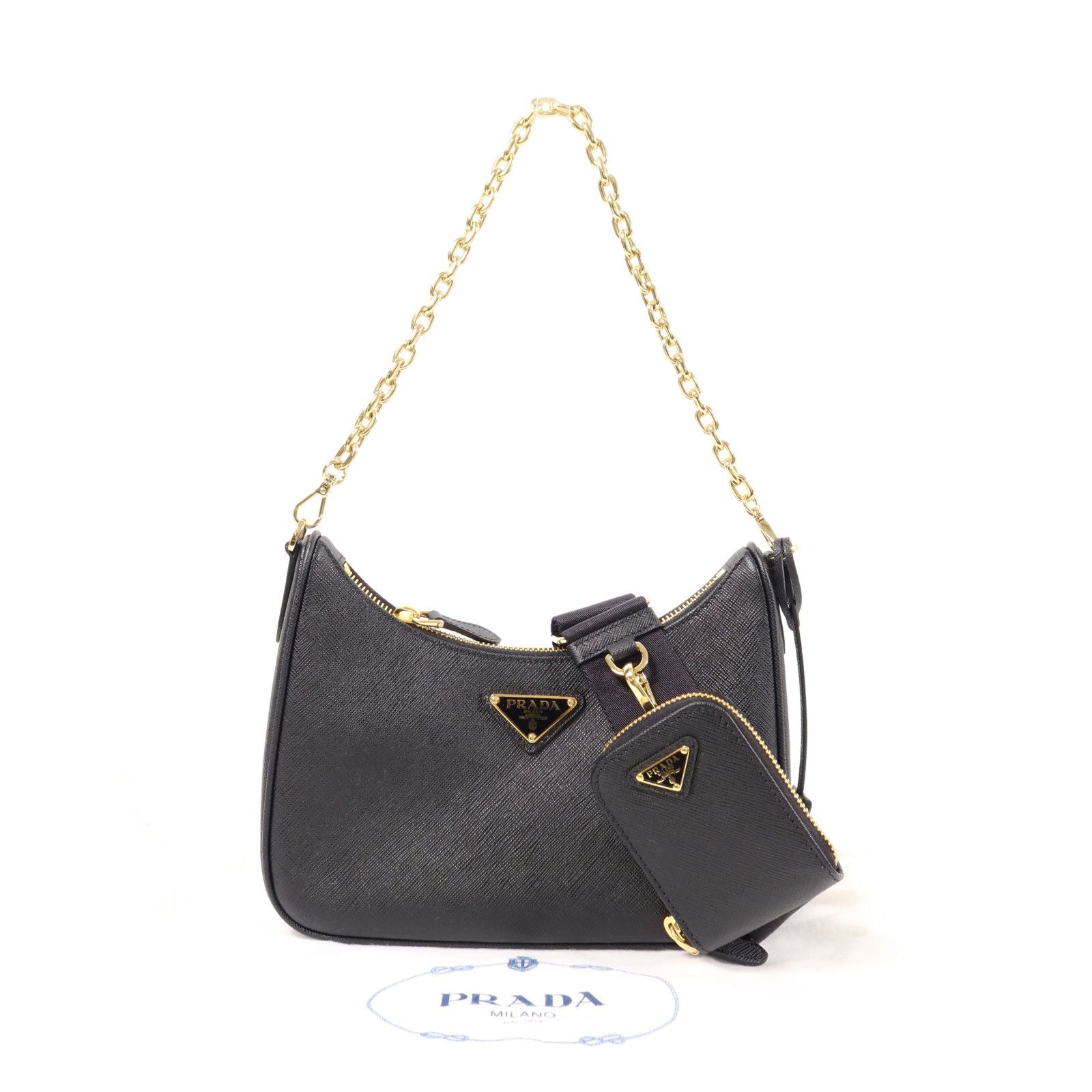 Prada Leather Re-edition 2005 Golden Shoulder Back Bag Black Saffiano