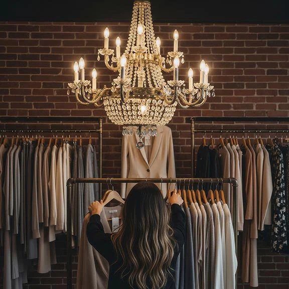 A collection of ENZO Studio apparel draped in warm ambient light