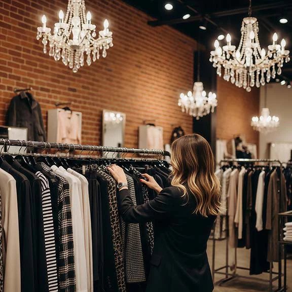 The ENZO Studio boutique interior — warm lighting, curated rails, and a welcoming atmosphere